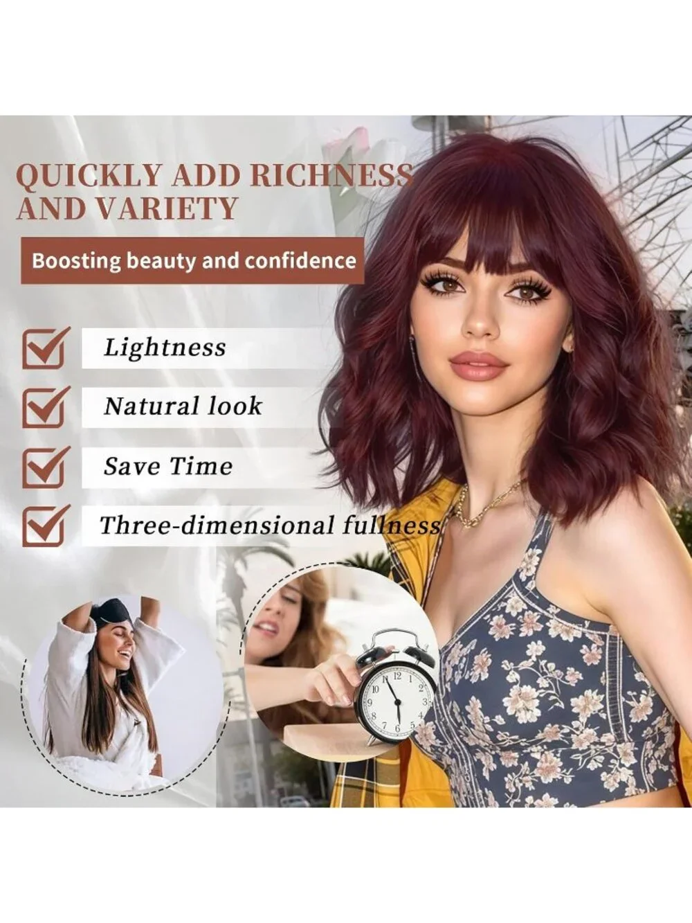 Women's Wine Red 14 Inch Heat Resistant Synthetic Fiber Shoulder Length Wigs